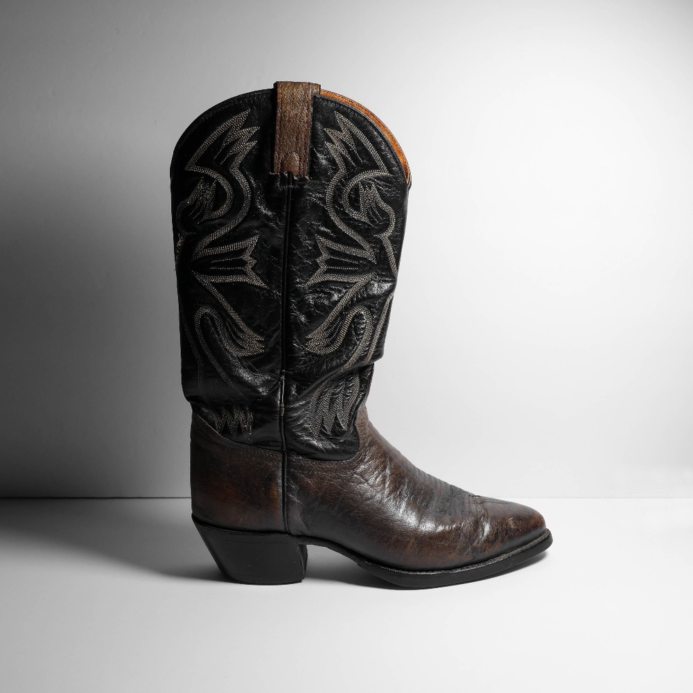 True Vintage 70's Imperial Texas Leather Brown & Black Western Cowboy Boots USA